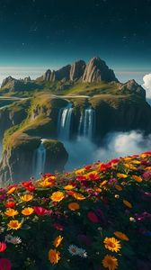 Preview wallpaper mountain, waterfalls, clouds, flowers, landscape