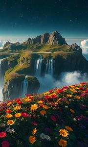 Preview wallpaper mountain, waterfalls, clouds, flowers, landscape