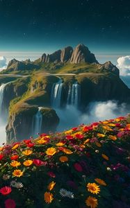 Preview wallpaper mountain, waterfalls, clouds, flowers, landscape