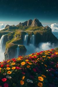 Preview wallpaper mountain, waterfalls, clouds, flowers, landscape