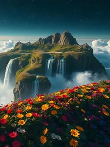 Preview wallpaper mountain, waterfalls, clouds, flowers, landscape