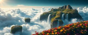 Preview wallpaper mountain, waterfalls, clouds, flowers, landscape