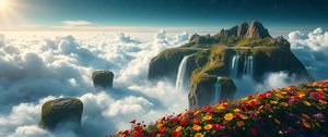 Preview wallpaper mountain, waterfalls, clouds, flowers, landscape