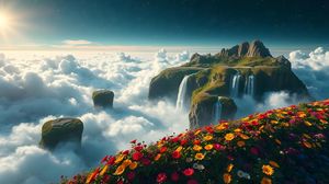 Preview wallpaper mountain, waterfalls, clouds, flowers, landscape