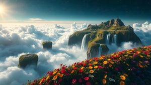 Preview wallpaper mountain, waterfalls, clouds, flowers, landscape