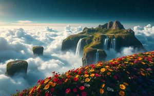 Preview wallpaper mountain, waterfalls, clouds, flowers, landscape