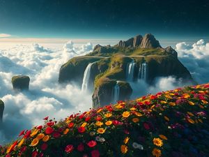 Preview wallpaper mountain, waterfalls, clouds, flowers, landscape