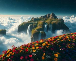 Preview wallpaper mountain, waterfalls, clouds, flowers, landscape