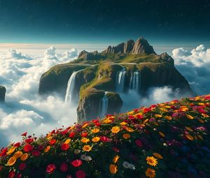 Preview wallpaper mountain, waterfalls, clouds, flowers, landscape