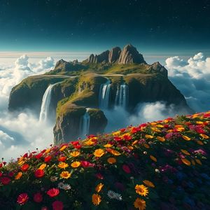 Preview wallpaper mountain, waterfalls, clouds, flowers, landscape