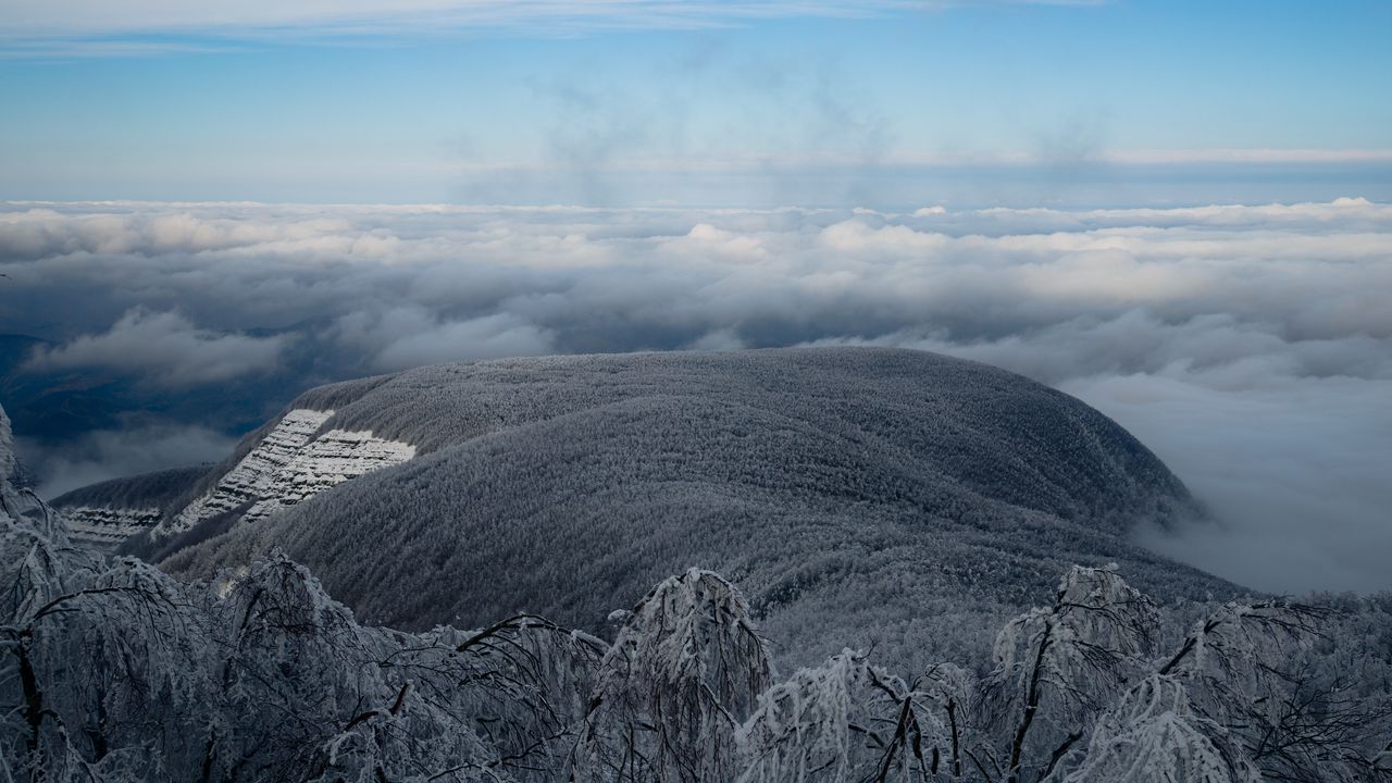 Wallpaper mountain, winter, clouds, frost, peak, sky