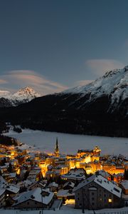 Preview wallpaper mountain, winter, village, snow, light, switzerland