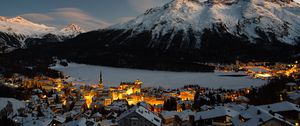 Preview wallpaper mountain, winter, village, snow, light, switzerland