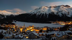 Preview wallpaper mountain, winter, village, snow, light, switzerland