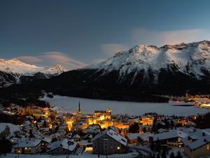 Preview wallpaper mountain, winter, village, snow, light, switzerland