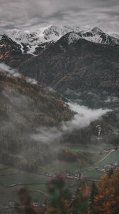 Preview wallpaper mountains, aerial view, fog, trees, sky, peaks
