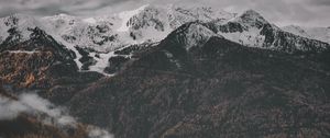 Preview wallpaper mountains, aerial view, fog, trees, sky, peaks