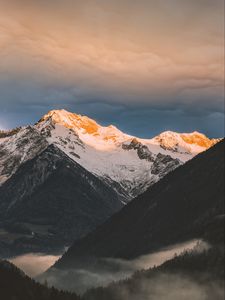 Preview wallpaper mountains, aerial view, fog, clouds, peaks, trees, sky
