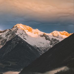 Preview wallpaper mountains, aerial view, fog, clouds, peaks, trees, sky