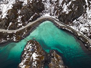 Preview wallpaper mountains, aerial view, lake, snowy, peaks