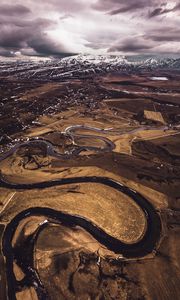 Preview wallpaper mountains, aerial view, road, snow, winter, iceland