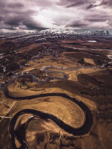 Preview wallpaper mountains, aerial view, road, snow, winter, iceland