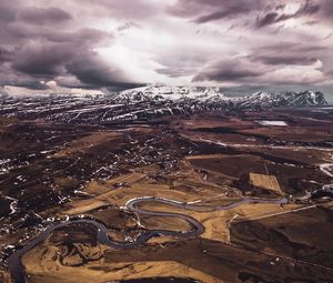 Preview wallpaper mountains, aerial view, road, snow, winter, iceland