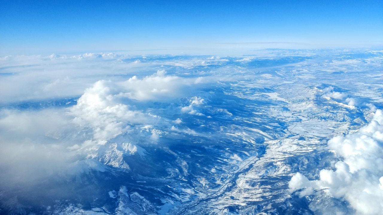 Wallpaper mountains, aerial view, sky, clouds, peaks