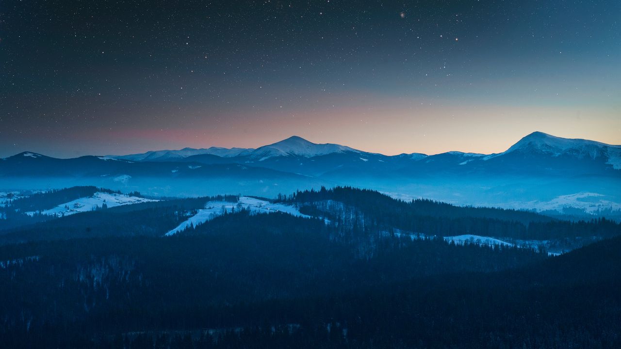 Wallpaper mountains, aerial view, starry sky, night, landscape