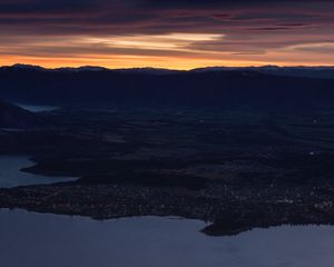 Preview wallpaper mountains, aerial view, sunset, city, new zealand