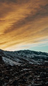 Preview wallpaper mountains, aerial view, village, twilight, sky