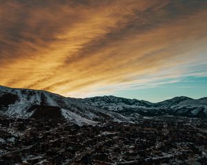 Preview wallpaper mountains, aerial view, village, twilight, sky