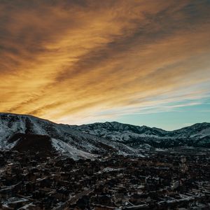 Preview wallpaper mountains, aerial view, village, twilight, sky