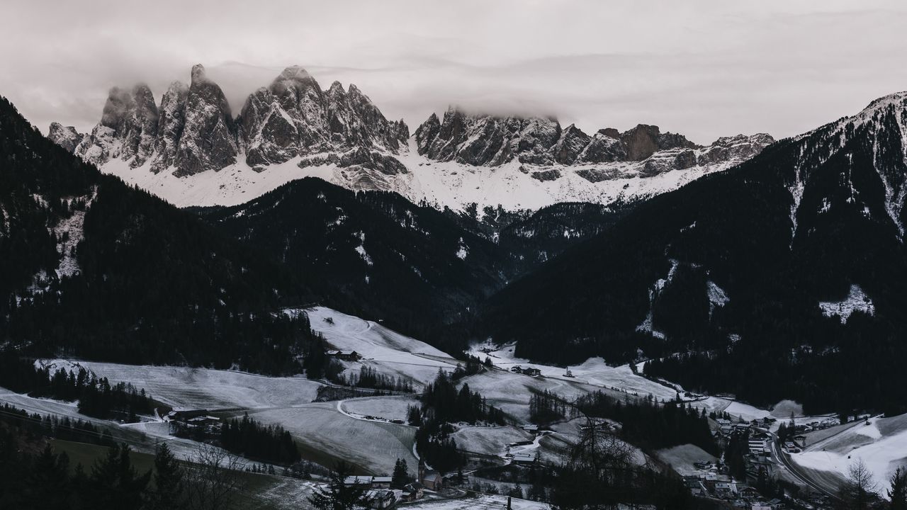 Wallpaper mountains, aerial view, winter, snow, dolomites, italy