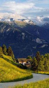 Preview wallpaper mountains, alps, meadow, road, forest, trees, nature