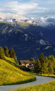 Preview wallpaper mountains, alps, meadow, road, forest, trees, nature
