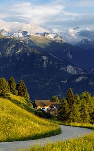 Preview wallpaper mountains, alps, meadow, road, forest, trees, nature