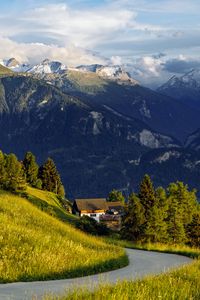Preview wallpaper mountains, alps, meadow, road, forest, trees, nature