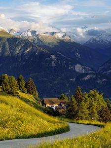 Preview wallpaper mountains, alps, meadow, road, forest, trees, nature