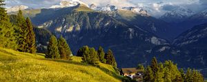 Preview wallpaper mountains, alps, meadow, road, forest, trees, nature