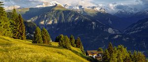 Preview wallpaper mountains, alps, meadow, road, forest, trees, nature