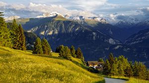 Preview wallpaper mountains, alps, meadow, road, forest, trees, nature