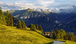 Preview wallpaper mountains, alps, meadow, road, forest, trees, nature