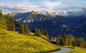 Preview wallpaper mountains, alps, meadow, road, forest, trees, nature