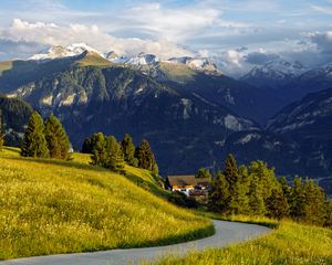 Preview wallpaper mountains, alps, meadow, road, forest, trees, nature