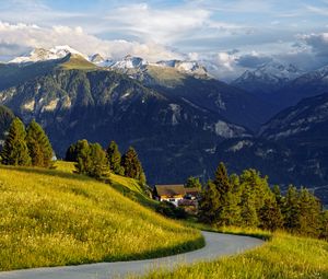 Preview wallpaper mountains, alps, meadow, road, forest, trees, nature