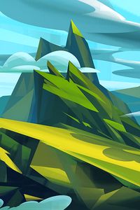 Preview wallpaper mountains, art, clouds, landscape, green, blue