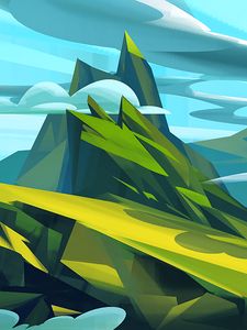 Preview wallpaper mountains, art, clouds, landscape, green, blue