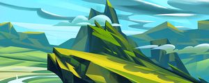 Preview wallpaper mountains, art, clouds, landscape, green, blue
