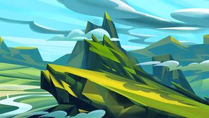 Preview wallpaper mountains, art, clouds, landscape, green, blue